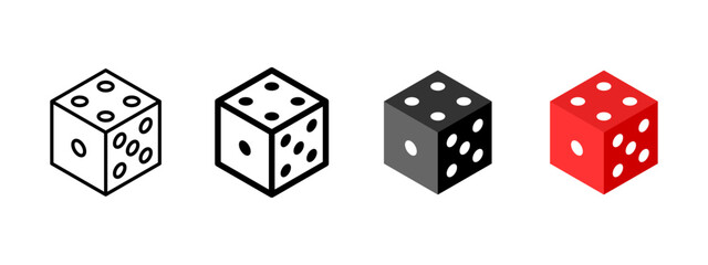 Dice icon set in outline and filled styles. Gambling and board game cube with dots symbol. Casino, luck, chance and random roll concept. Game probability, risk and entertainment pictogram.