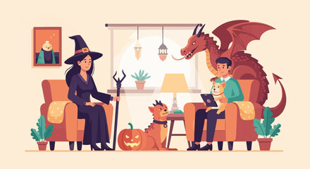 Fototapeta na wymiar Cozy Halloween scene with witch, man, dragon, and pets at home