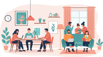 Diverse group collaborating in a modern, cozy workspace with plants and art