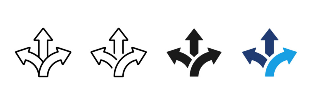 Direction arrow icon with multiple paths. Choice and decision making symbol. Strategy, planning and alternative route concept. Navigation, growth and progress pictogram for business scenarios.