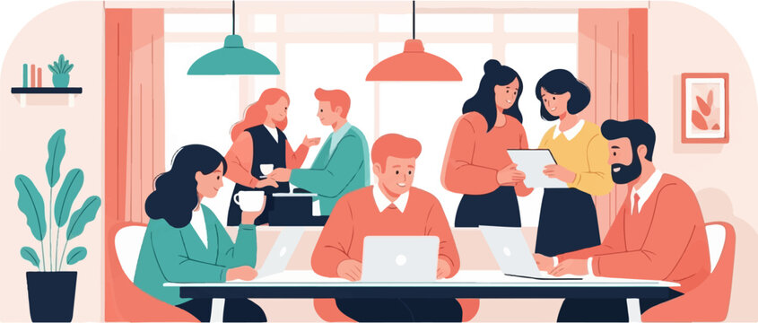 Diverse team collaborates on a project, working on laptops and discussing ideas