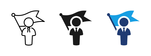 Leadership icon with business person and flag. Symbol of leader, success, achievement, goal orientation, management, strategy, motivation and direction in business, startup and corporate environment.