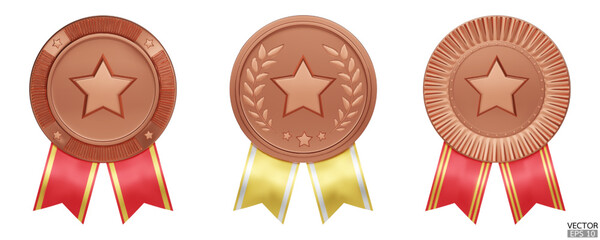 Set of 3D quality guarantees bronze medals with star and ribbon. Bronze badge warranty icon. Realistic graphics Certificate Badge, award badge, winner trophy prize. 3D vector illustration.