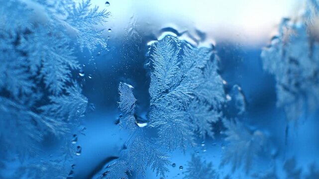 Frozen window with ice crystals and frost patterns on a blue background, cold winter scene.