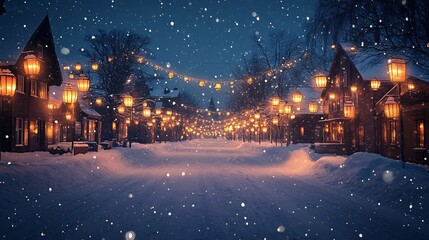 Fototapeta premium Magical Winter Wonderland with Glowing Lanterns and Twinkling Lights in a Snowy City Street