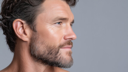 Obraz premium Moist hydrated male jawline subtle glow bright grey background closeup portrait bearded profile