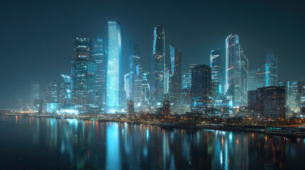 Obraz premium Smart city skyline night futuristic architecture modern skyscraper city lights reflection neon blue glow cyberpunk atmosphere river waterfront