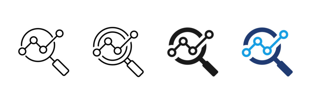 Analytics icon with magnifying glass and line chart. Symbol of data analysis, business reporting, performance metrics, dashboard analytics, insights, monitoring, research and data visualization.