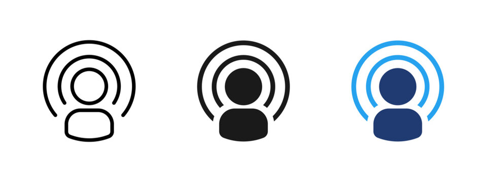 Influence and signal icon with person profile and broadcast waves. Symbol of reach, audience connection, online communication, social influence, media presence, digital engagement and network.