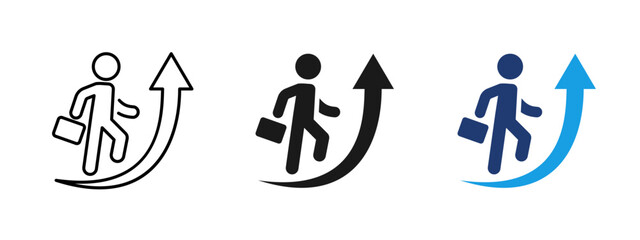 Fototapeta na wymiar Career growth icon with business person and upward arrow. Concept of success, promotion, professional development and progress for corporate career paths, motivation, leadership and business growth.