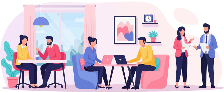 Diverse team collaborating and working in a modern office space