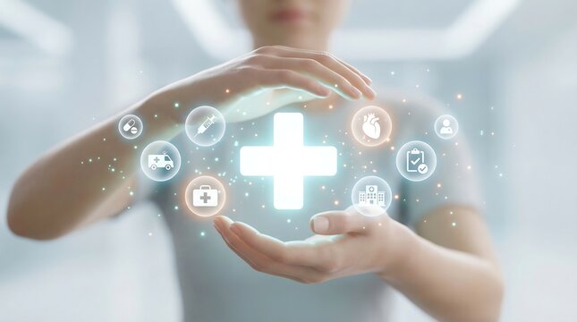 A person's hands gently cradle a bright, glowing medical cross, surrounded by various illuminated healthcare icons, symbolizing holistic health, digital wellness solutions