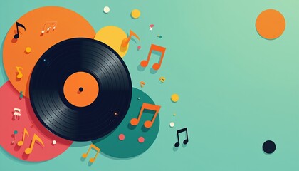Obraz premium Retro vinyl record spins with colorful music notes flying around. Abstract graphic design evokes analog audio fun. Classic sound illustration with vibrant retro aesthetic.
