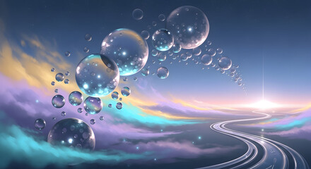 Concept art of a surreal universe with floating orbs, glowing mist, reflective winding trail leading to light, calm fantasy ambiance, smooth gradients, high-quality digital illustration