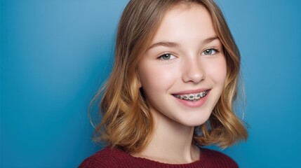 Naklejka premium Smiling caucasian teen girl with braces on blue background
