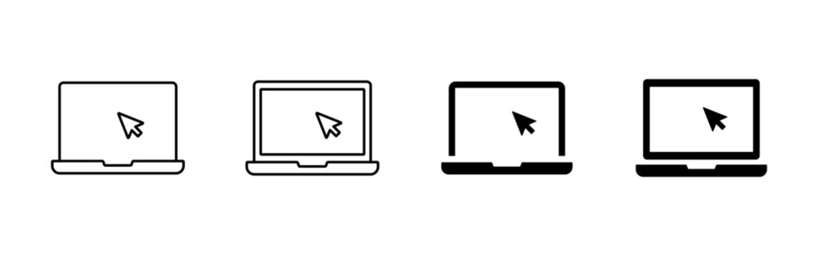 Laptop with mouse cursor icon in outline and solid styles. Ideal for technology, software, web interface, online services, digital workspace, remote work, IT platforms, and modern UI design.