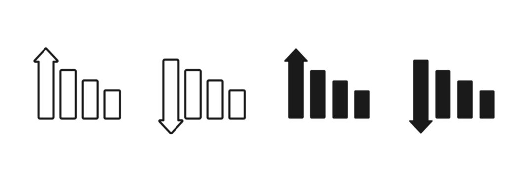 Bar chart with up and down arrow icon in solid style. Represents data analysis, business statistics, growth and decline trends, financial performance, analytics reports, metrics and progress.