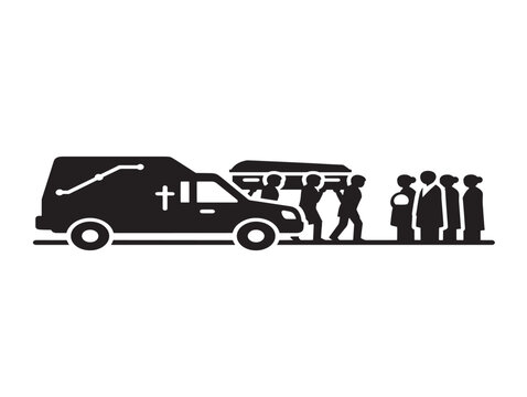 Minimalist funeral scene with ambulance and mourners
