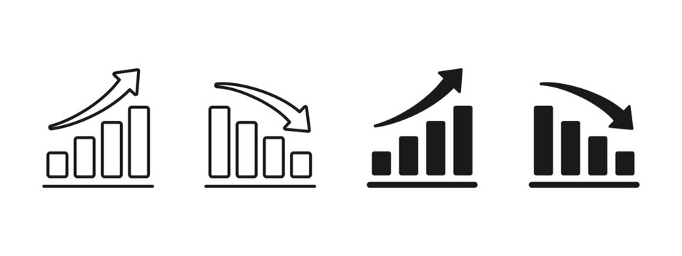 Bar chart icon with curved arrow showing growth and decline trends. Business and finance analytics symbol for data analysis, statistics, performance reports, metrics tracking, market trends.