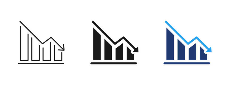 Bar chart with downward arrow icon showing decline and negative trend. Business analytics illustration for financial loss, decreasing performance, statistics, reports, metrics, market downturn.