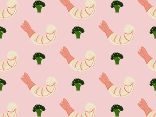 A food pattern featuring peeled shrimp and broccoli in shades of pink and green.