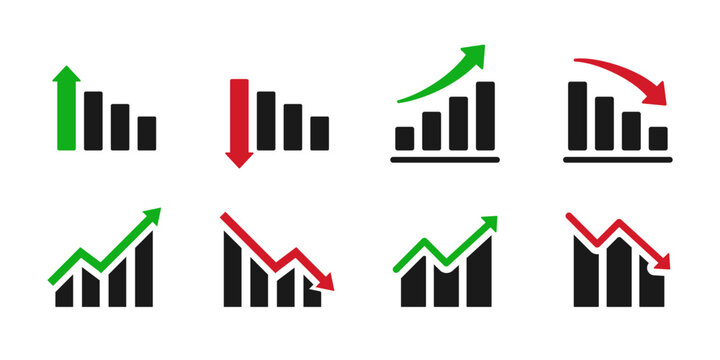 Business chart icon set showing growth and decline trends. Bar graphs with up and down arrows for analytics, statistics, financial performance, revenue increase, sales growth, profit loss.