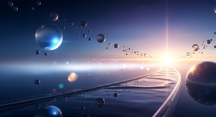 Concept art of a surreal universe with floating orbs, glowing mist, reflective winding trail leading to light, calm fantasy ambiance, smooth gradients, high-quality digital illustration