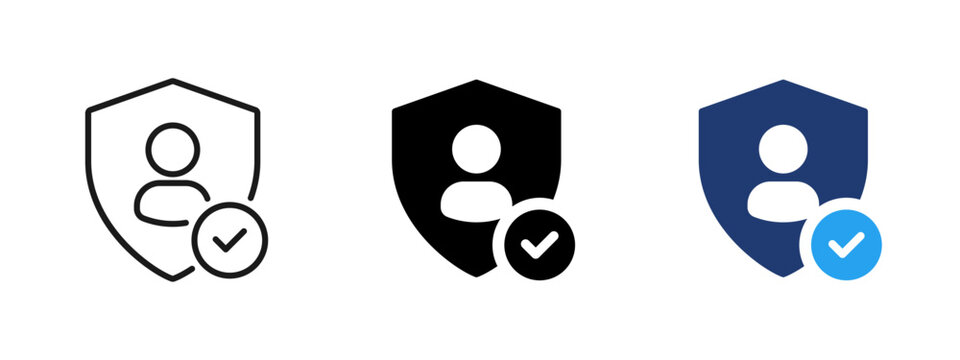 User security and protection icon with shield and check mark. Symbol of verified account, privacy and safe access. Ideal for cybersecurity, secure login, user verification and data protection concepts