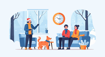 Fototapeta premium Cozy winter scene indoors with a dog and two people on a couch using a laptop
