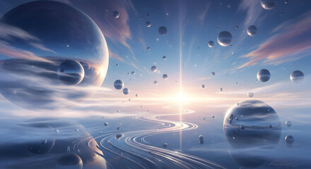 Concept art of a surreal universe with floating orbs, glowing mist, reflective winding trail leading to light, calm fantasy ambiance, smooth gradients, high-quality digital illustration