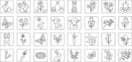 Easter spring icons set with rabbits flowers and animals