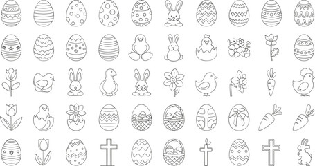 Easter themed illustrations of eggs, bunnies, chicks, and flowers
