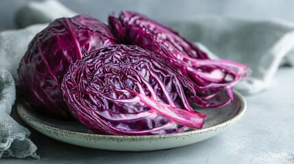 Obraz premium Red cabbage plated on pale gray ceramic plate, cool neutral background, Scandinavian-inspired styling