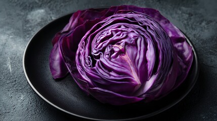 Obraz premium Red cabbage prepared as fine-dining side dish, precisely plated on matte black plate, charcoal-gray background, elegant modern tone