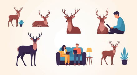 Obraz premium Diverse deer and people interact in a minimalist, pixel-art environment