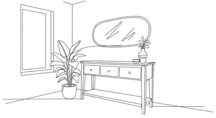 Minimalist Line Art Interior Design with Console Table, Mirror, and Plant