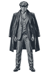 A stylish man in a vintage suit, overcoat, and flat cap. Detailed vector illustration in a classic engraving style, isolated on a white background.