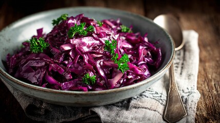 Red cabbage prepared as holiday side dish, subtle festive napkin, neutral winter palette