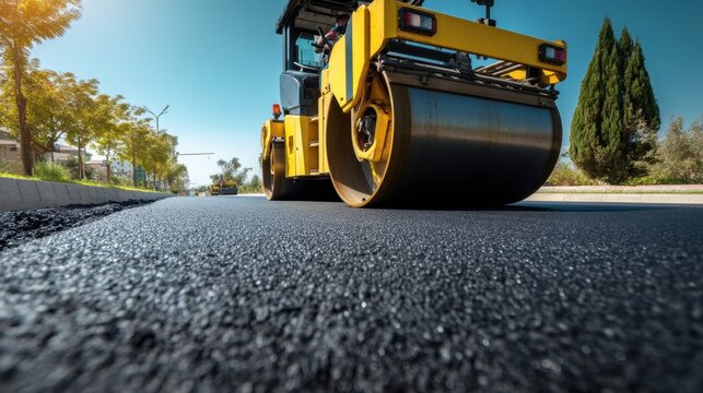 Industrial road construction: asphalt paving with heavy roller machinery in urban environment
