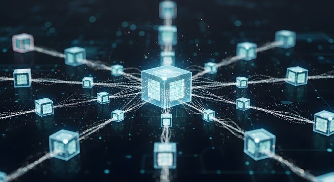 Abstract digital network with glowing cubes connected by lines on a dark background