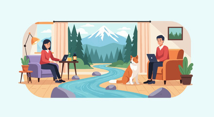 Obraz premium Couple and dog working remotely with mountain river view