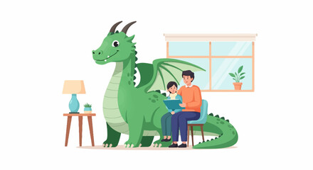 Obraz premium Father and child read book with friendly dragon companion