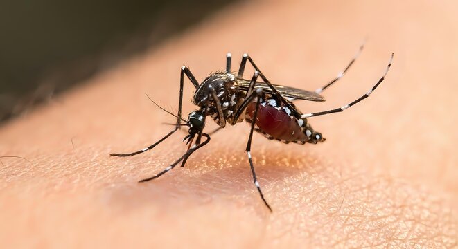 Aedes aegypti mosquito feeding on human skin showing detailed insect anatomy and blood-sucking behavior for medical and educational content.