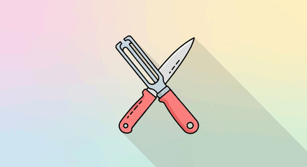 Crossed kitchen utensils, a peeler and a knife, on a pastel gradient background