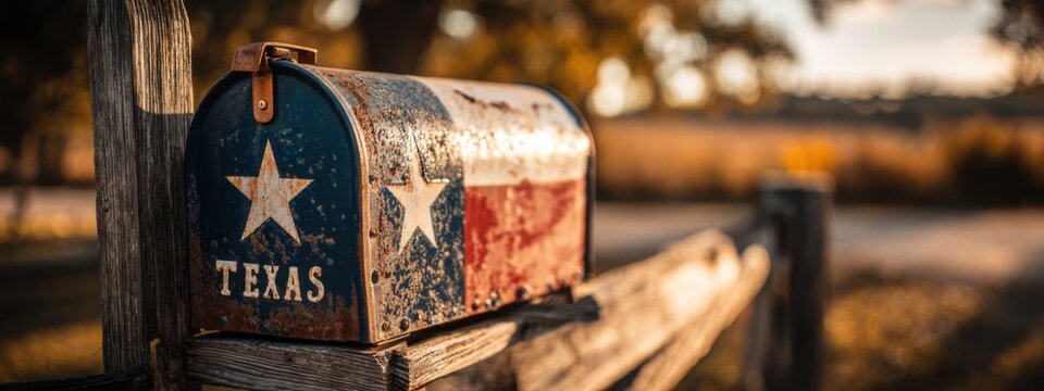 Rusty mailbox with Texas flag design sits on wooden fence in rural area during late afternoon light