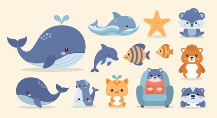 Cute animated sea creatures and forest animals in pastel colors, flat design
