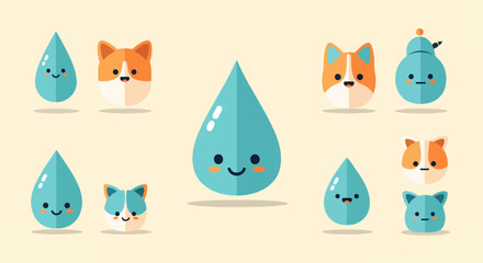 Cute anthropomorphic water drops and animal faces with simple cheerful expressions