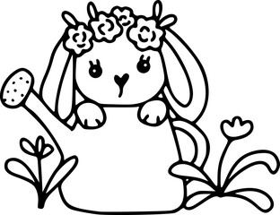 Watering can with cute Easter Bunny. Concept for Easter and gardening, the beauty of blooming nature