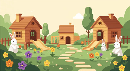 Cute bunny rabbits in a cartoon backyard with playhouses and slides