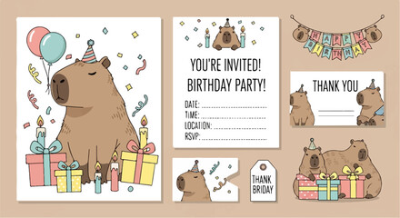 Cute capybaras celebrate birthdays with gifts, balloons, and party hats